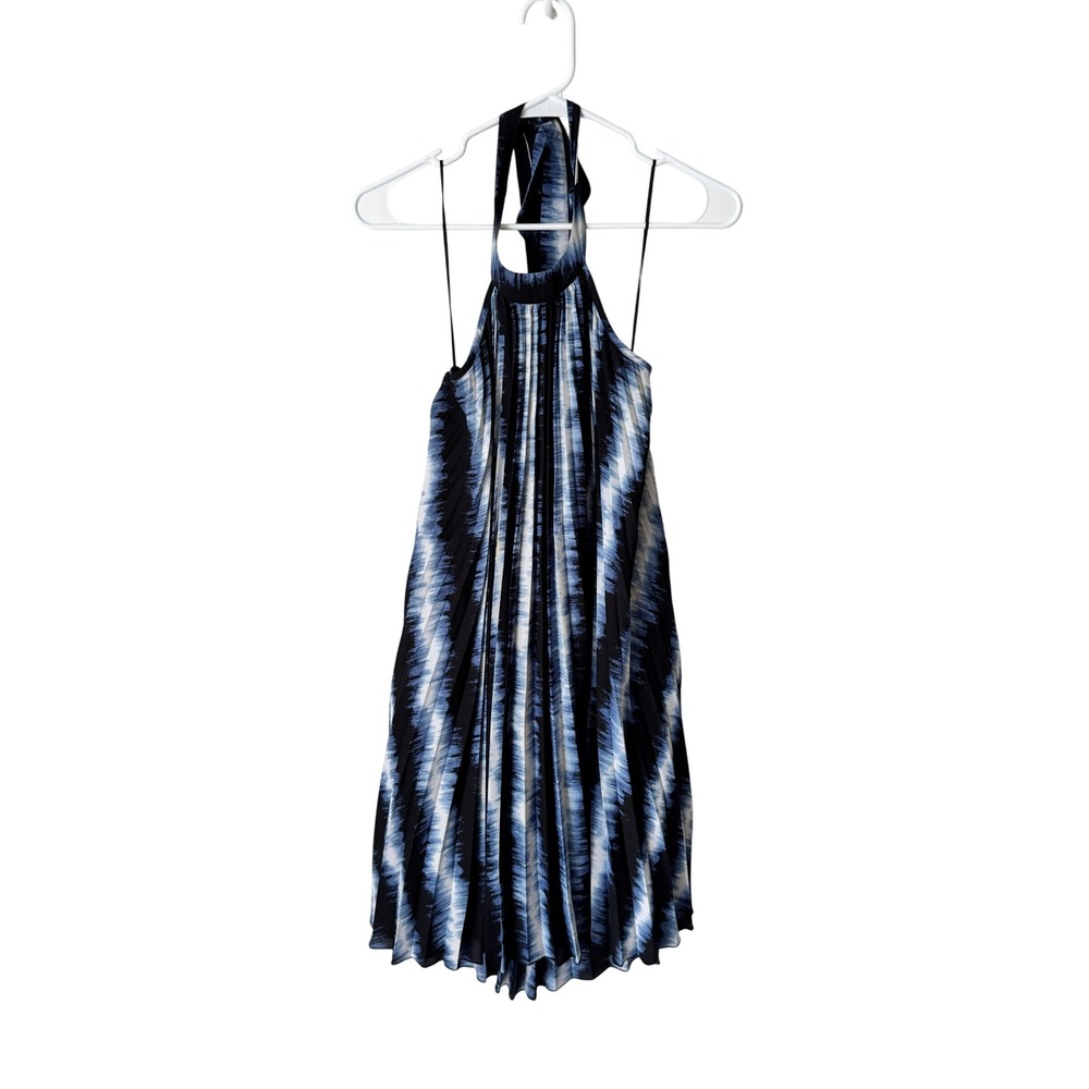 Kaari Blue Pleated Halter Mini Dress Blue Black Tie Dye Ikat Print XS
